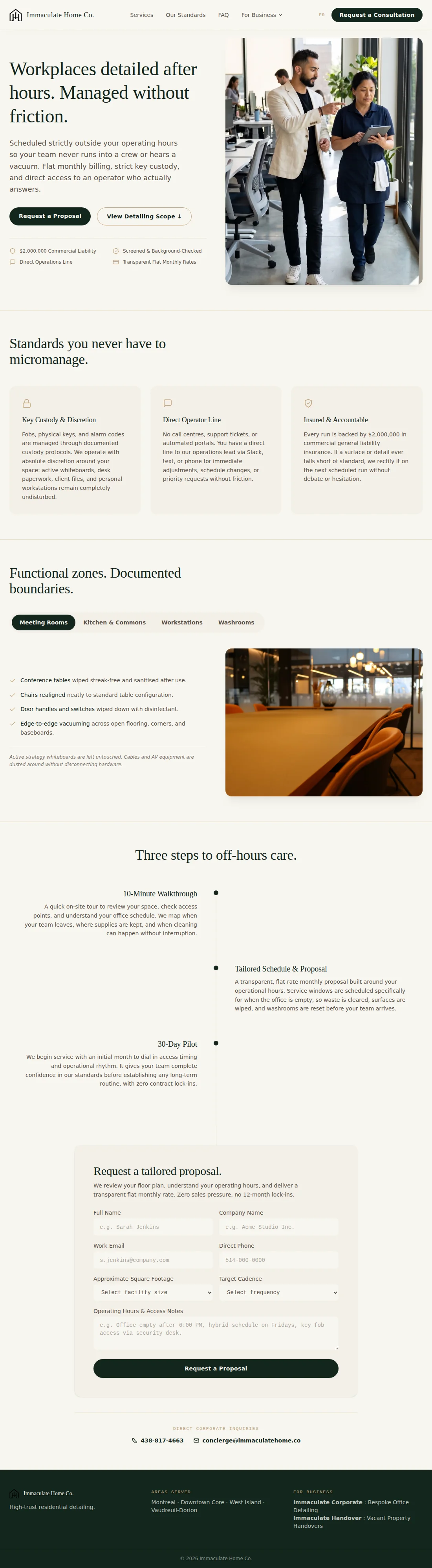 Immaculate Home Co. corporate page, built for office managers: after-hours cleaning, key custody, flat monthly rates and a proposal form