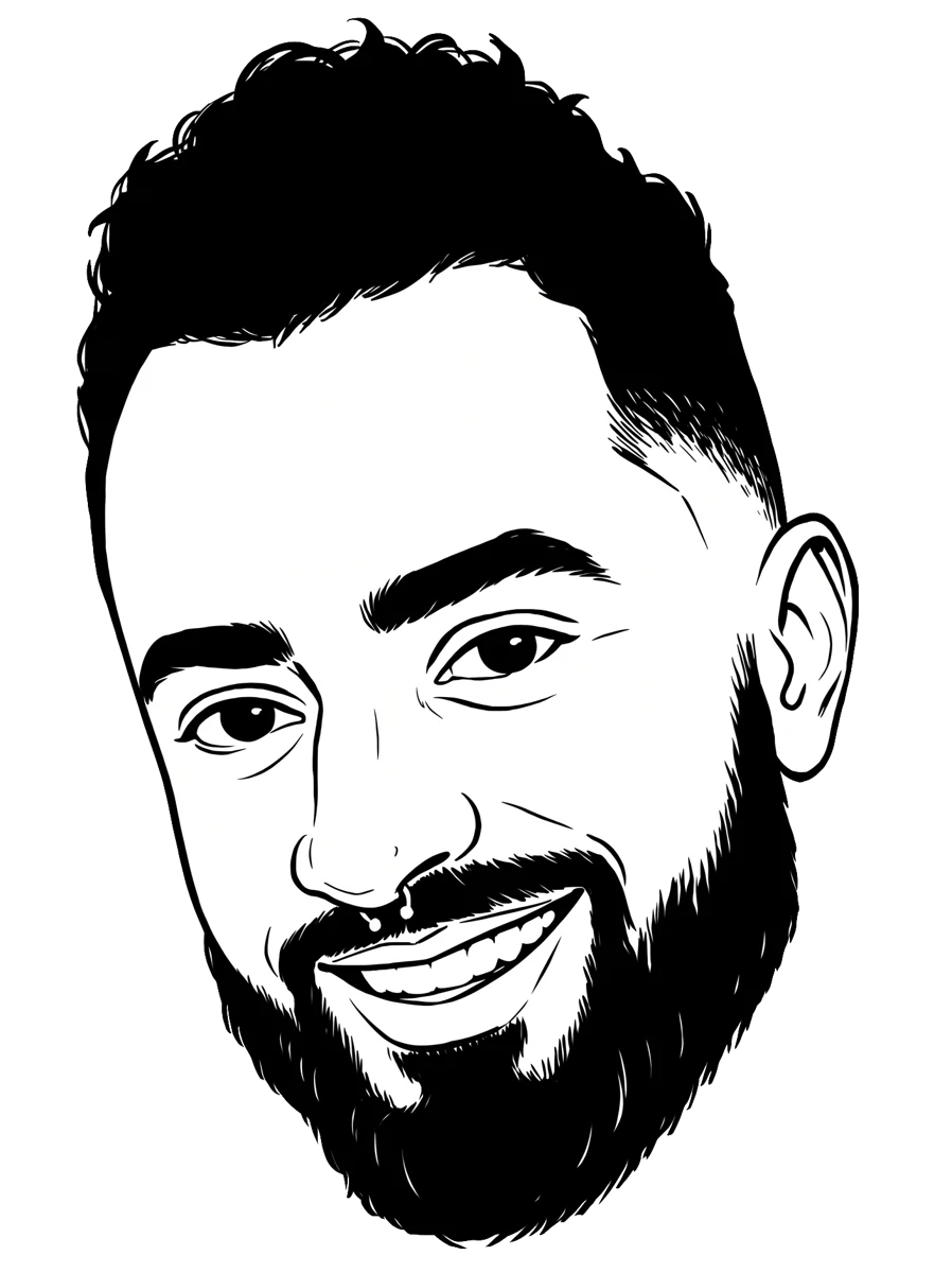 Illustrated portrait of Zaf, smiling